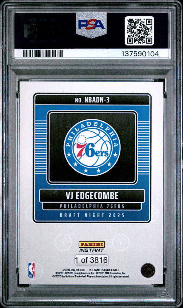 Graded 2025 Panini Instant VJ Edgecombe #3 Draft Night Rookie RC Basketball Card PSA 10 Gem Mint (ONLINE ORDER ONLY)