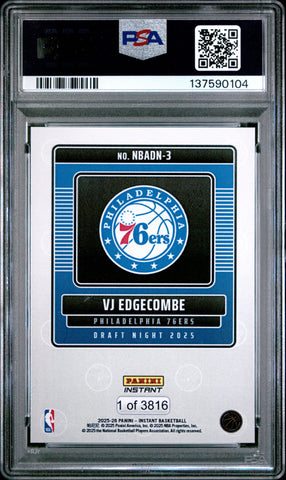 Graded 2025 Panini Instant VJ Edgecombe #3 Draft Night Rookie RC Basketball Card PSA 10 Gem Mint (ONLINE ORDER ONLY)