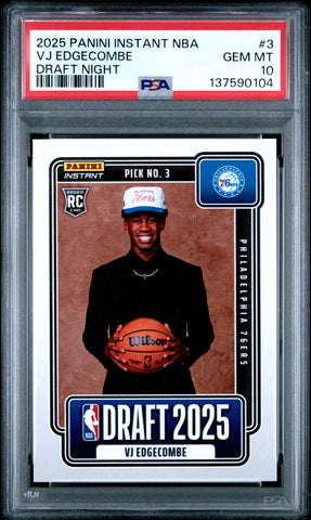 Graded 2025 Panini Instant VJ Edgecombe #3 Draft Night Rookie RC Basketball Card PSA 10 Gem Mint (ONLINE ORDER ONLY)