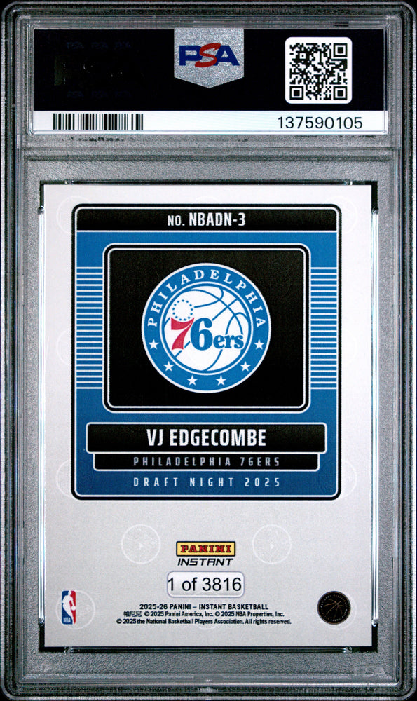 Graded 2025 Panini Instant VJ Edgecombe #3 Draft Night Rookie RC Basketball Card PSA 8 Near Mint (ONLINE ORDER ONLY)