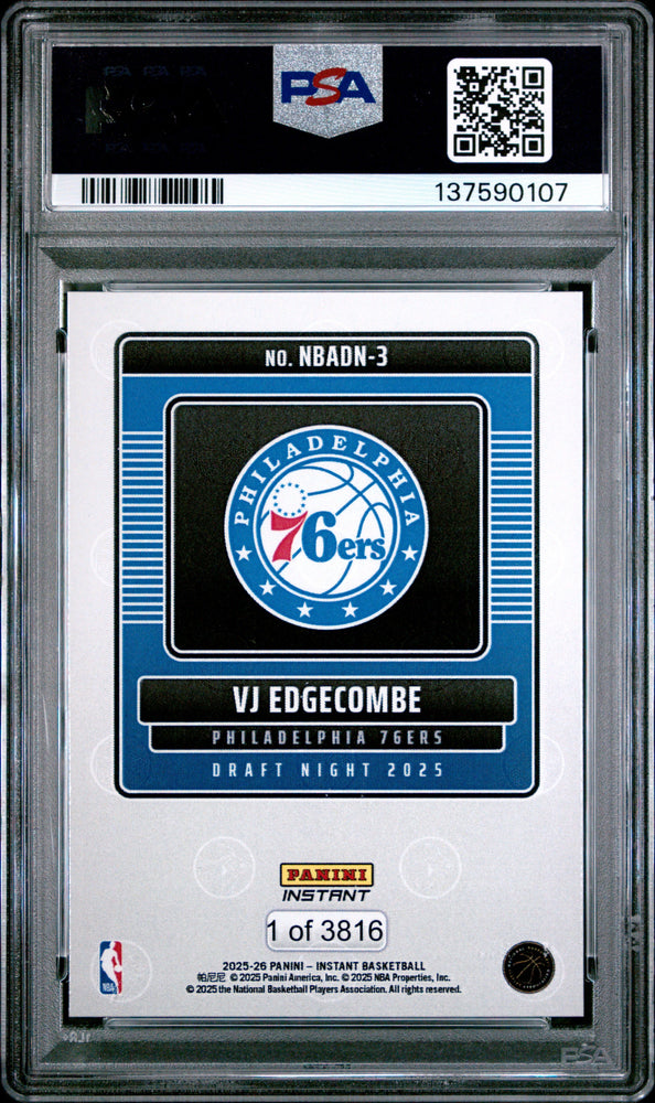 Graded 2025 Panini Instant VJ Edgecombe #3 Draft Night Rookie RC Basketball Card PSA 9 Mint (ONLINE ORDER ONLY)