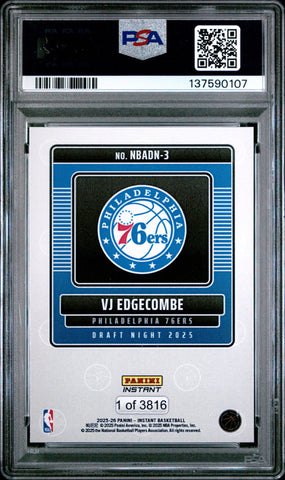 Graded 2025 Panini Instant VJ Edgecombe #3 Draft Night Rookie RC Basketball Card PSA 9 Mint (ONLINE ORDER ONLY)