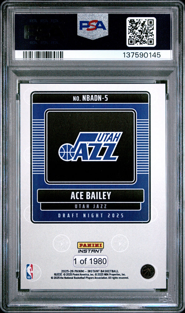 Graded 2025 Panini Instant Ace Bailey #5 Draft Night Rookie RC Basketball Card PSA 7 Near Mint (ONLINE ORDER ONLY)