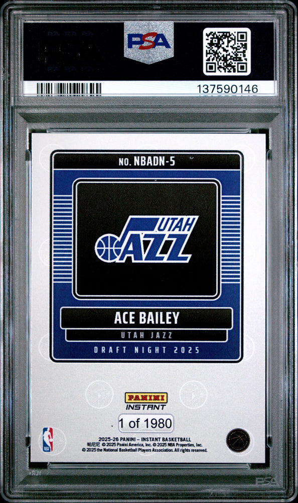Graded 2025 Panini Instant Ace Bailey #5 Draft Night Rookie RC Basketball Card PSA 9 Mint (ONLINE ORDER ONLY)