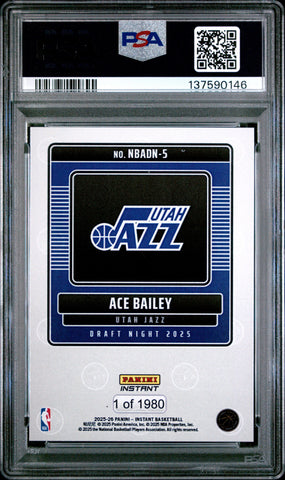Graded 2025 Panini Instant Ace Bailey #5 Draft Night Rookie RC Basketball Card PSA 9 Mint (ONLINE ORDER ONLY)