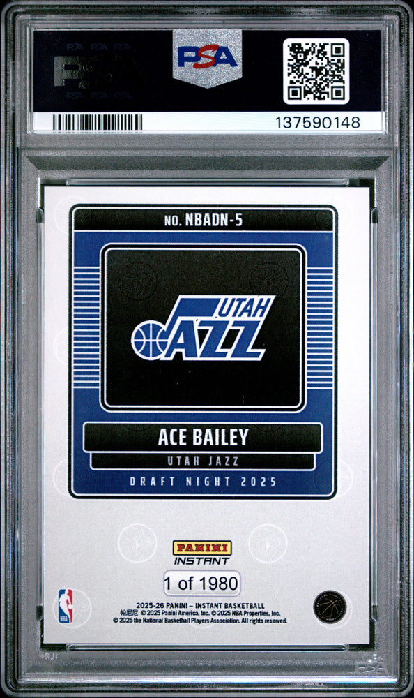Graded 2025 Panini Instant Ace Bailey #5 Draft Night Rookie RC Basketball Card PSA 8 Near Mint (ONLINE ORDER ONLY)