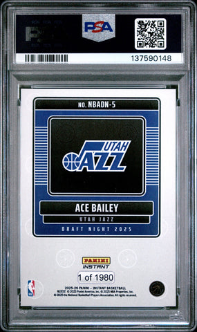 Graded 2025 Panini Instant Ace Bailey #5 Draft Night Rookie RC Basketball Card PSA 8 Near Mint (ONLINE ORDER ONLY)