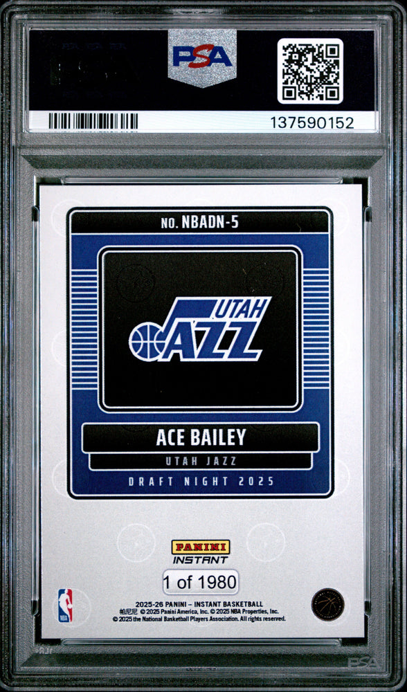 Graded 2025 Panini Instant Ace Bailey #5 Draft Night Rookie RC Basketball Card PSA 10 Gem Mint (ONLINE ORDER ONLY)