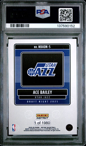 Graded 2025 Panini Instant Ace Bailey #5 Draft Night Rookie RC Basketball Card PSA 10 Gem Mint (ONLINE ORDER ONLY)