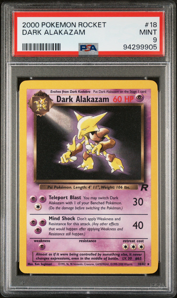 Graded 2000 PKM Rocket #18 Dark Alakazam Trading Card Game PSA 9 Mint (ONLINE ORDER ONLY)