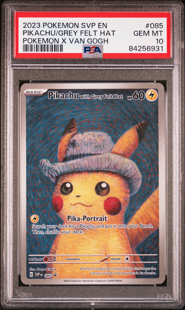 Graded 2023 PKM Svp En-Sv Black Star Promo #085 Pikachu/Grey Felt Hat PKM X Van Gogh Trading Card Game PSA 10 Gem Mint (ONLINE ORDER ONLY)
