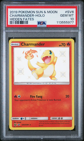 Graded 2019 PKM Sun & Moon Hidden Fates #SV6 Charmander-Holo Hidden Fates Trading Card Game PSA 10 Gem Mint (ONLINE ORDER ONLY)
