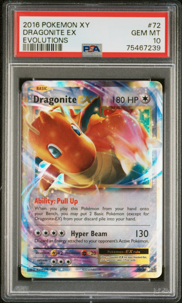 Graded 2016 PKM Xy Evolutions #72 Dragonite Ex Evolutions Trading Card Game PSA 10 Gem Mint (ONLINE ORDER ONLY)