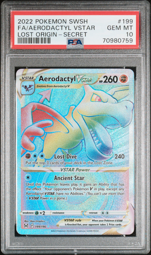 Graded 2022 PKM Sword & Shield Lost Origin #199 Fa/Aerodactyl Vstar Lost Origin-Secret Trading Card Game PSA 10 Gem Mint (ONLINE ORDER ONLY)