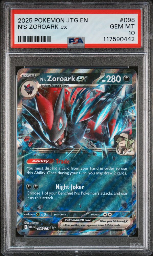 Graded 2025 PKM Jtg En-Journey Together #098 N's Zoroark Ex Trading Card Game PSA 10 Gem Mint (ONLINE ORDER ONLY)