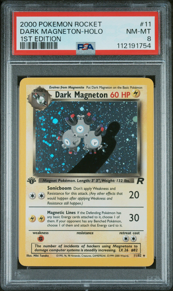 Graded 2000 PKM Rocket #11 Dark Magneton Holo 1st Edition Trading Card Game PSA 8 Near Mint (ONLINE ORDER ONLY)