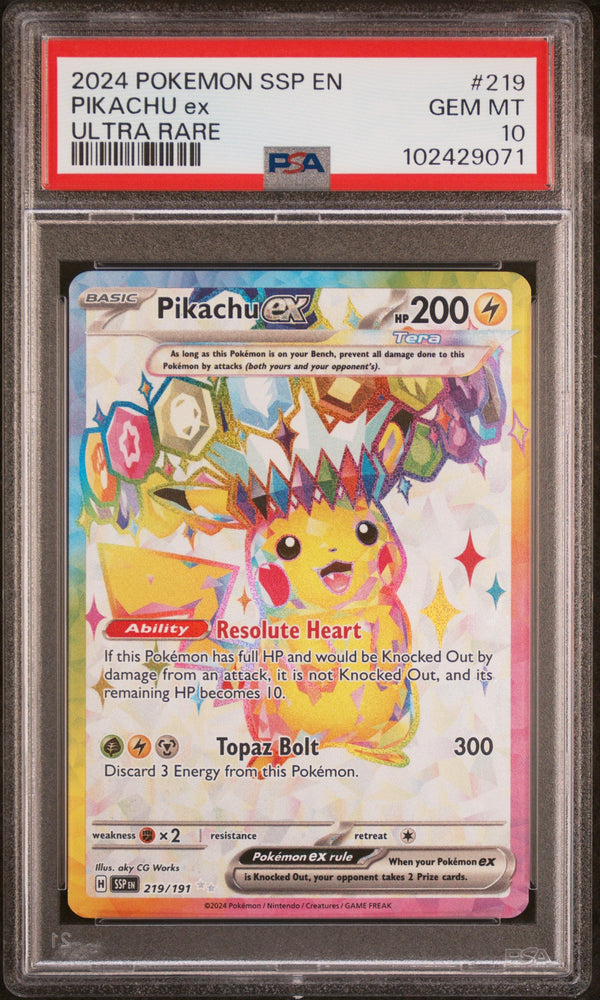 Graded 2024 PKM Ssp En-Surging Sparks #219 Pikachu Ex Ultra Rare Trading Card Game PSA 10 Gem Mint (ONLINE ORDER ONLY)