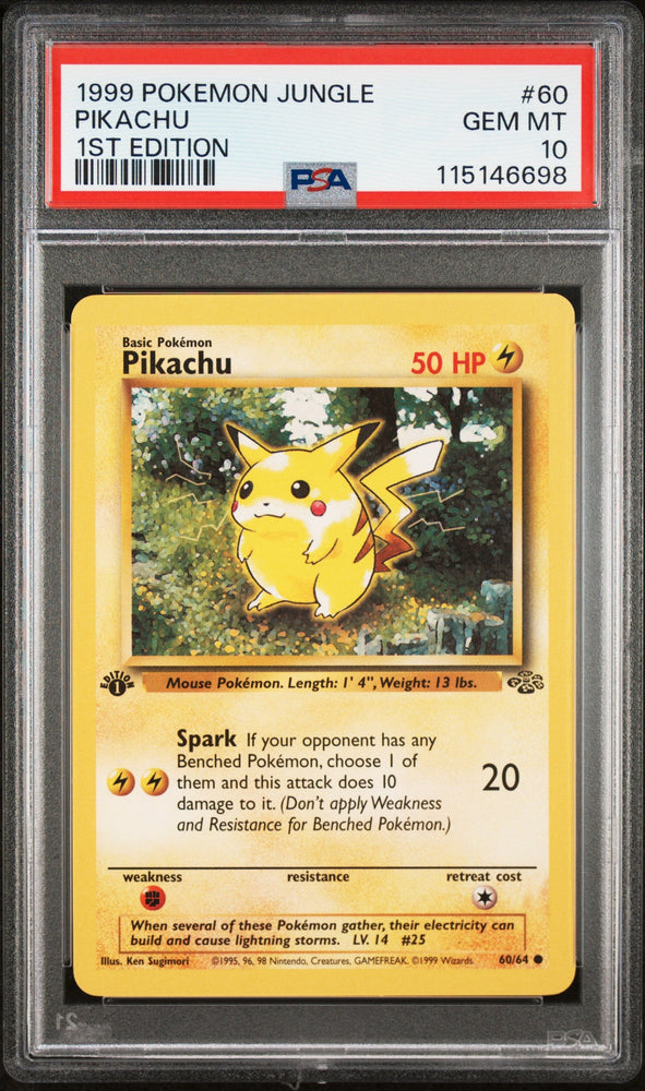 Graded 1999 PKM Jungle #60 Pikachu 1st Edition Trading Card Game PSA 10 Gem Mint (ONLINE ORDER ONLY)