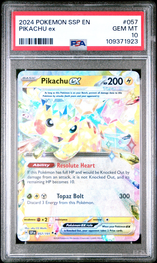 Graded 2024 PKM Ssp En-Surging Sparks #057 Pikachu Ex Trading Card Game PSA 10 Gem Mint (ONLINE ORDER ONLY)