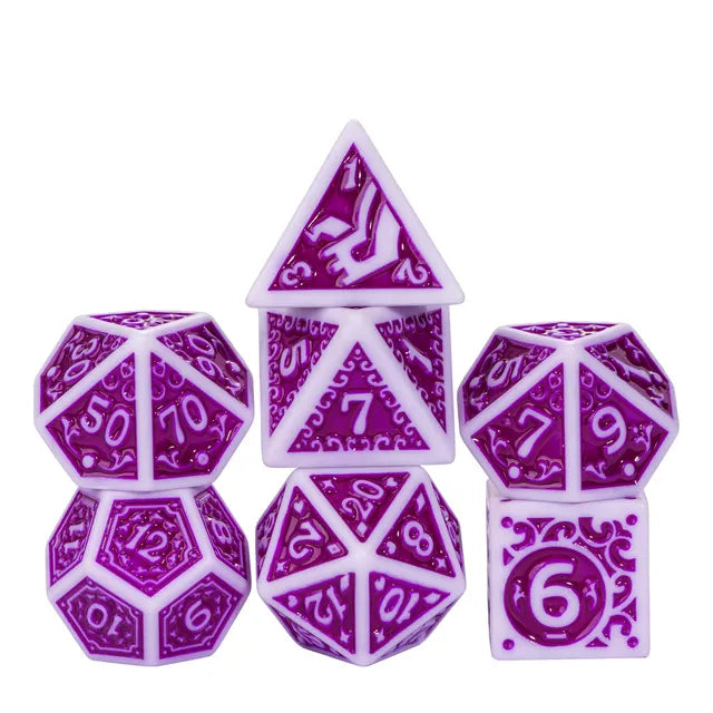 White with Purple rregular Pattern Fill: 7-Piece Acrylic Dice Set (Online Only)