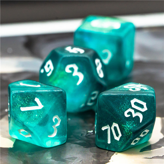 Blue-Green Glitter Party Dice (White font) 7-Dice Set RPG DND (Online Only)
