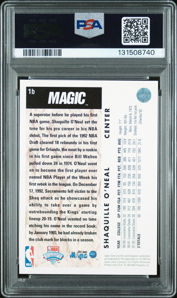 Graded 1992-93 Upper Deck Shaquille O'Neal #1b Rookie RC Basketball Card PSA 10 Auto Grade Gem Mint (ONLINE ORDER ONLY)