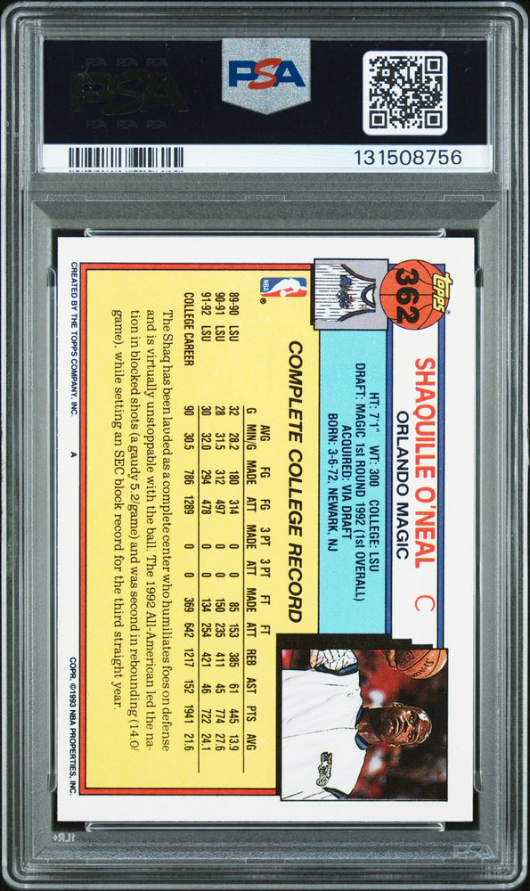 Graded 1992-93 Topps Shaquille O'Neal #362 Rookie RC Basketball Card PSA 9 Auto Grade Mint (ONLINE ORDER ONLY)