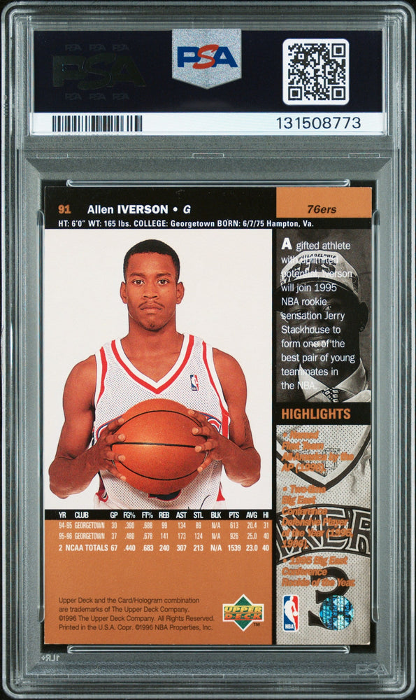Graded 1996-97 Upper Deck Allen Iverson #91 Rookie RC Basketball Card PSA 10 Auto Grade Gem Mint