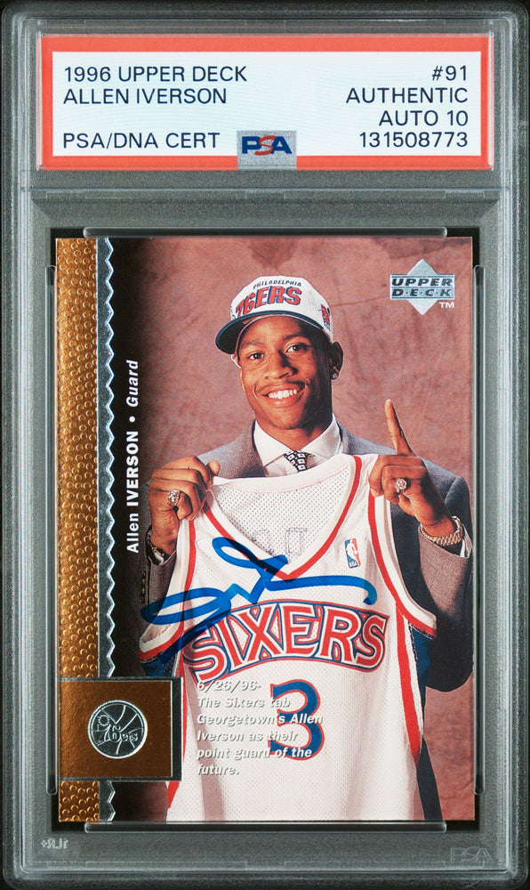 Graded 1996-97 Upper Deck Allen Iverson #91 Rookie RC Basketball Card PSA 10 Auto Grade Gem Mint