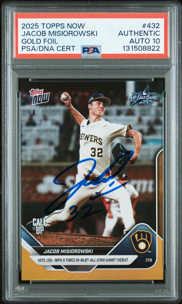 Graded 2025 Topps Now Jacob Misiorowski #432 Gold Foil /50 Rookie RC Baseball Card PSA 10 Auto Grade Gem Mint (ONLINE ORDER ONLY)