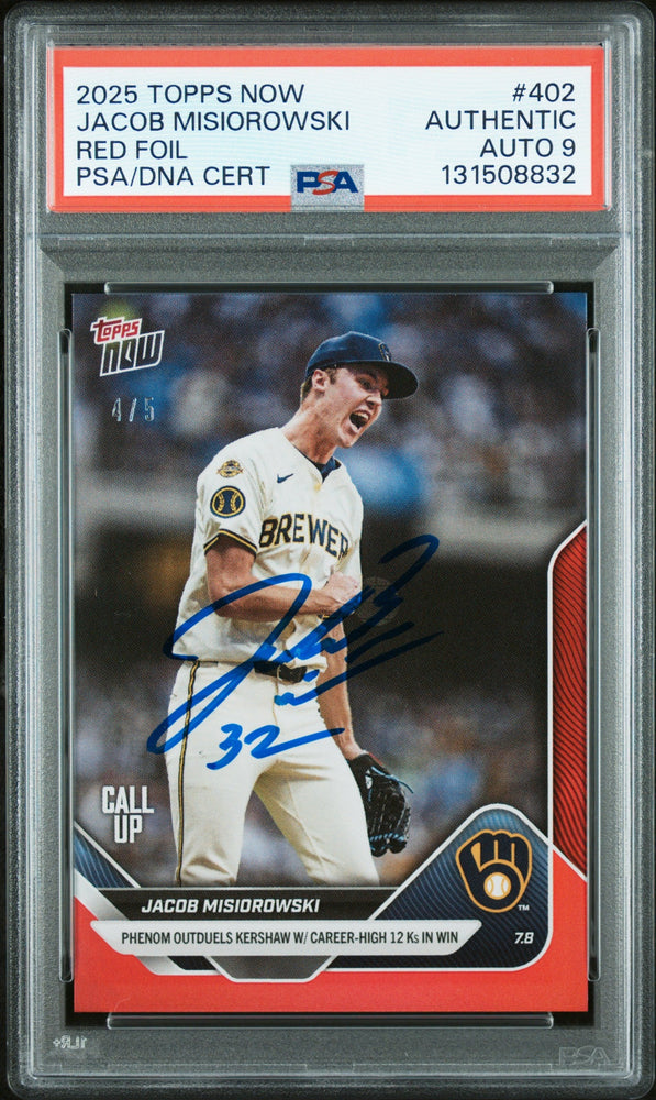 Graded 2025 Topps Now Jacob Misiorowski #402 Red Foil /5 Rookie RC Baseball Card PSA 9 Auto Grade Mint (ONLINE ORDER ONLY)