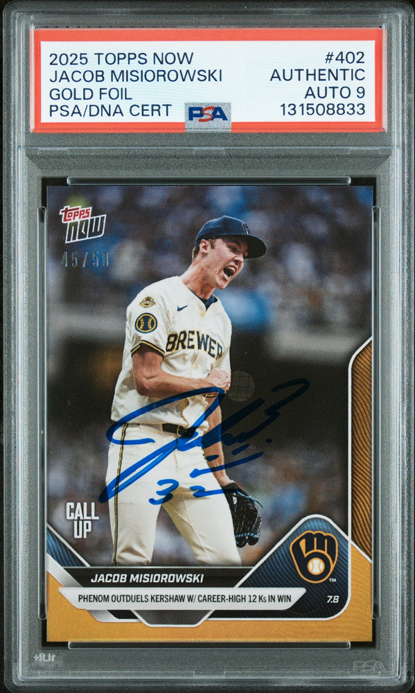 Graded 2025 Topps Now Jacob Misiorowski #402 Gold Foil /50 Rookie RC Baseball Card PSA 9 Auto Grade Mint (ONLINE ORDER ONLY)