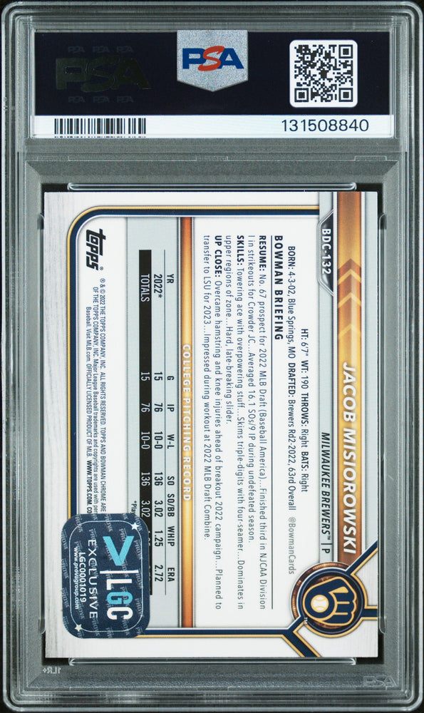 Graded 2022 Topps Bowman Draft Jacob Misiorowski #BDC-132 Chrome Rookie RC Baseball Card PSA 9 Auto Grade Mint (ONLINE ORDER ONLY)