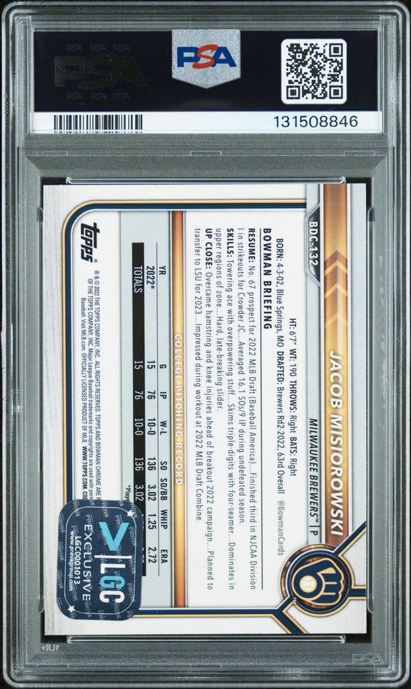 Graded 2022 Topps Bowman Draft Jacob Misiorowski #BDC-132 Chrome Rookie RC Baseball Card PSA 8 Auto Grade Near Mint (ONLINE ORDER ONLY)