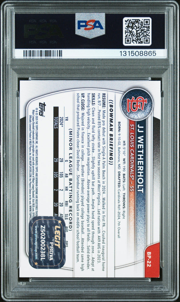 Graded 2025 Topps Bowman JJ Wetherholt #BP-22 Prospects Rookie RC Baseball Card PSA 9 Auto Grade Mint
