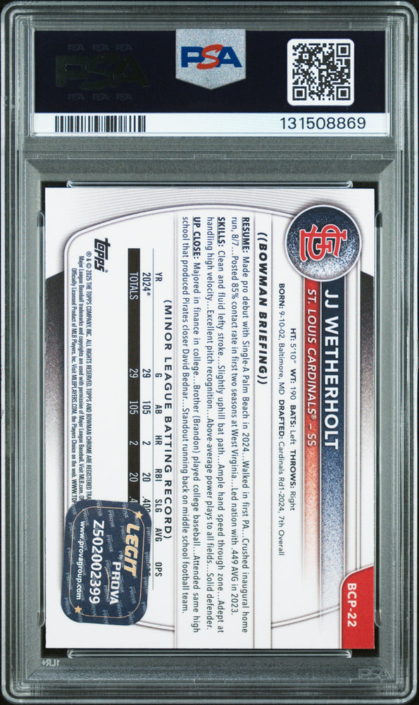 Graded 2025 Topps Bowman JJ Wetherholt #BCP-22 Chrome Prospects Rookie RC Baseball Card PSA 9 Auto Grade Mint (ONLINE ORDER ONLY)
