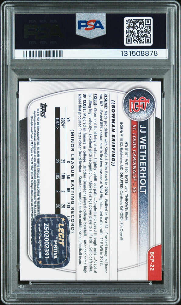 Graded 2025 Topps Bowman JJ Wetherholt #BCP-22 Chrome Prospects Rookie RC Baseball Card PSA 8 Auto Grade Near Mint (ONLINE ORDER ONLY)