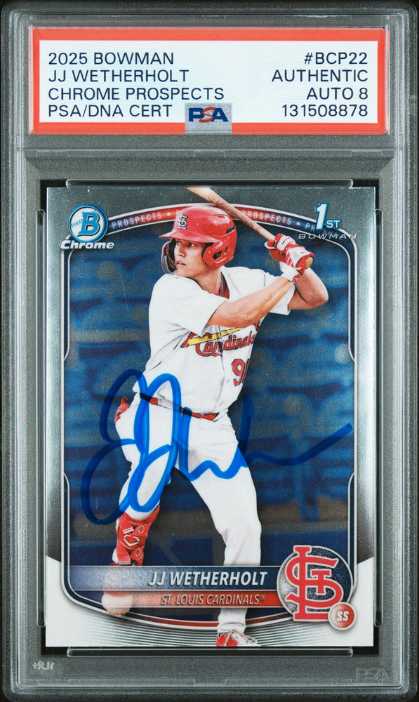Graded 2025 Topps Bowman JJ Wetherholt #BCP-22 Chrome Prospects Rookie RC Baseball Card PSA 8 Auto Grade Near Mint (ONLINE ORDER ONLY)