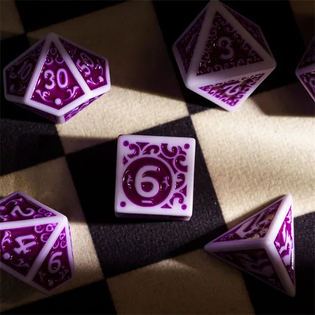 White with Purple rregular Pattern Fill: 7-Piece Acrylic Dice Set (Online Only)