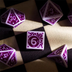 White with Purple rregular Pattern Fill: 7-Piece Acrylic Dice Set (Online Only)