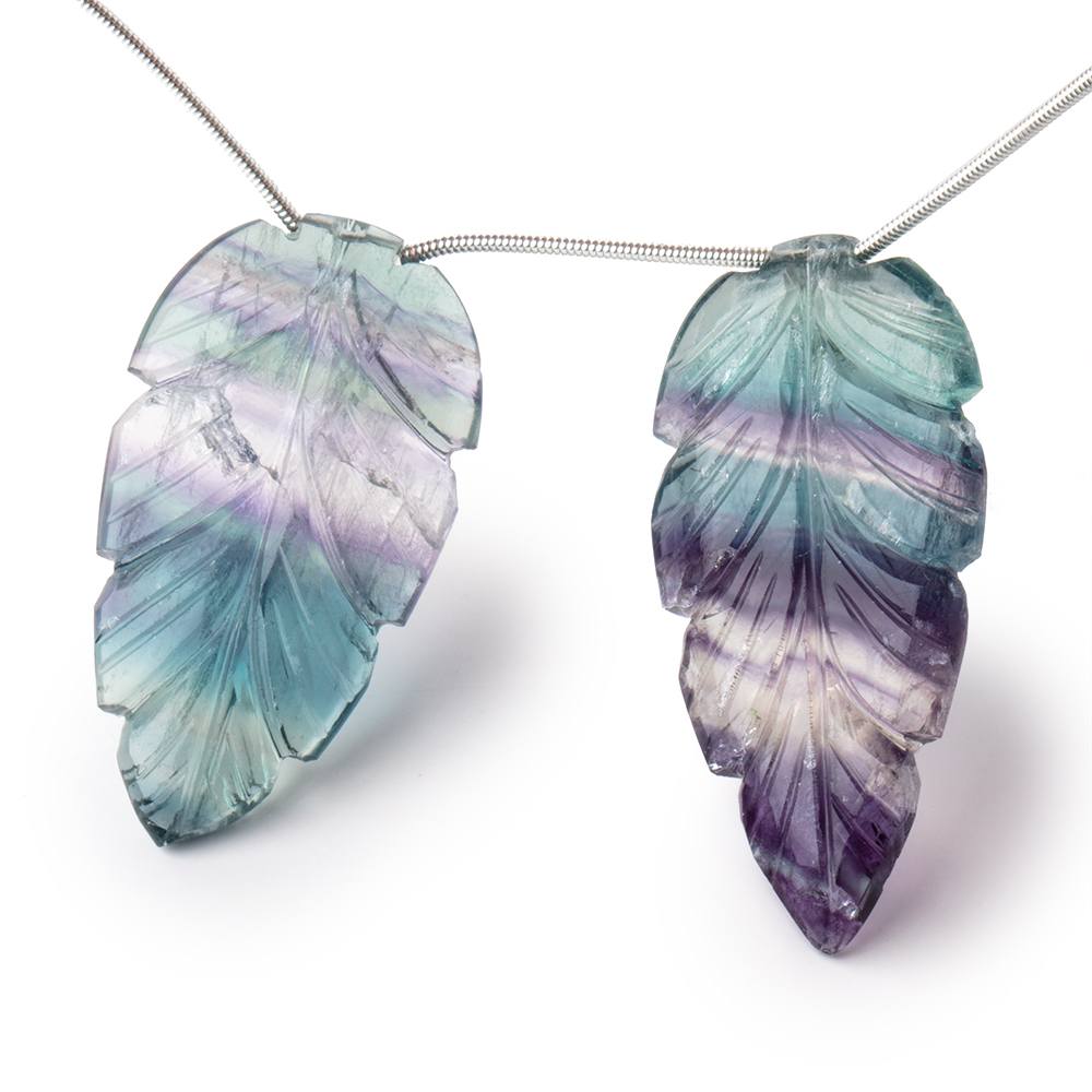 41x22-44.5x22mm Fluorite Hand Carved Leaf Focal Set of 2 Beads (ONLINE ORDER ONLY)