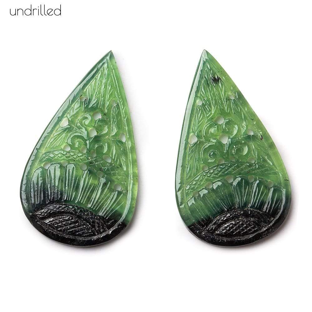 41x24x3.5mm Serpentine Gem Quality Hand Carved Pear Focal Set of 2 (ONLINE ORDER ONLY)