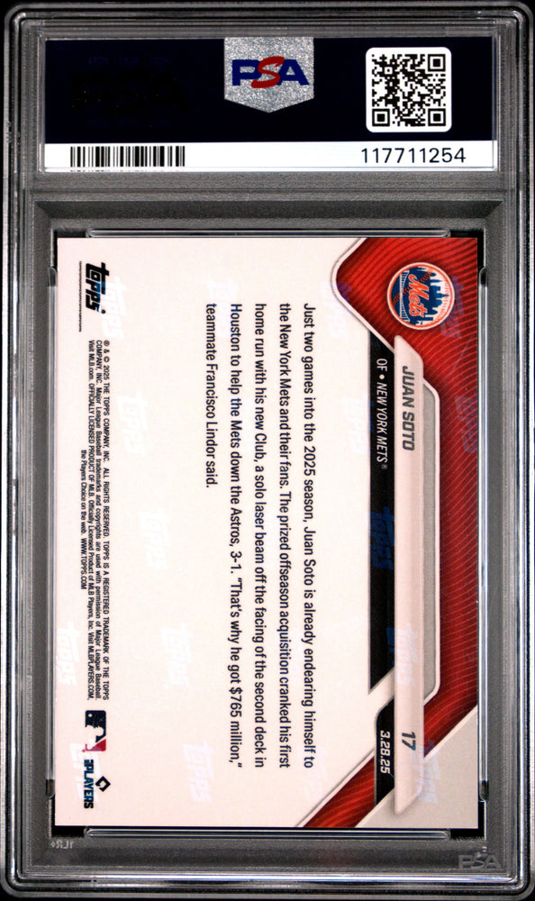 Graded 2025 Topps Now Juan Soto #17 Gold Foil /50 Baseball Card PSA 9 Mint (ONLINE ORDER ONLY)