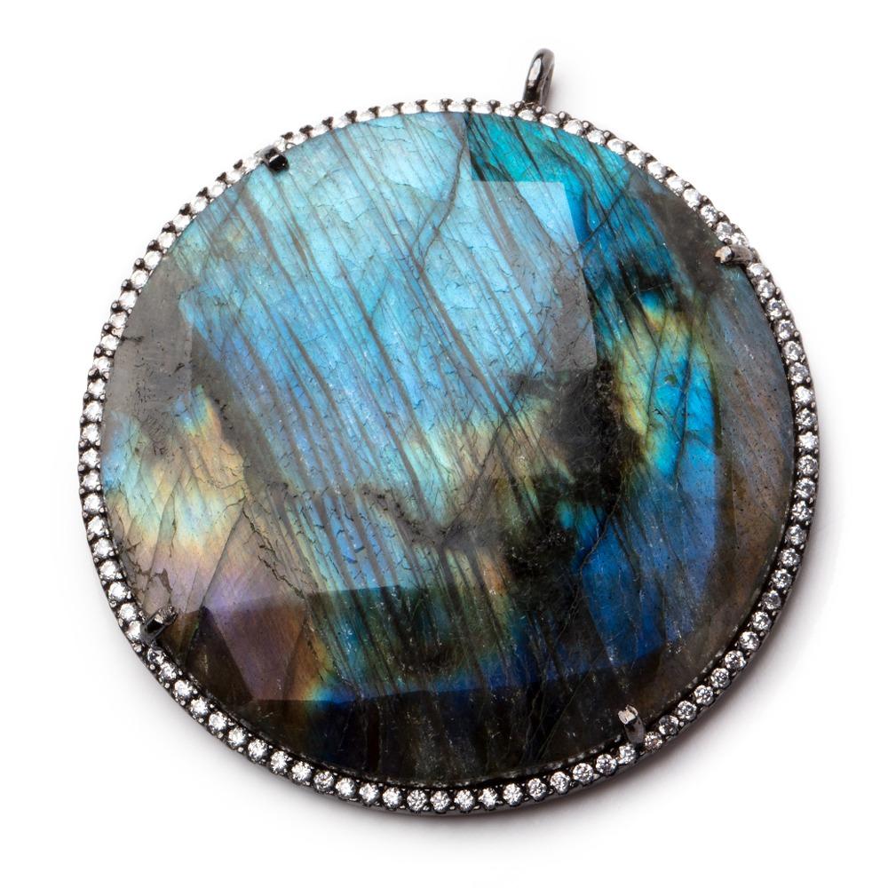 43mm Labradorite Black Gold CZ Bezel Coin Pendant 1 focal bead (ONLINE ORDER ONLY)