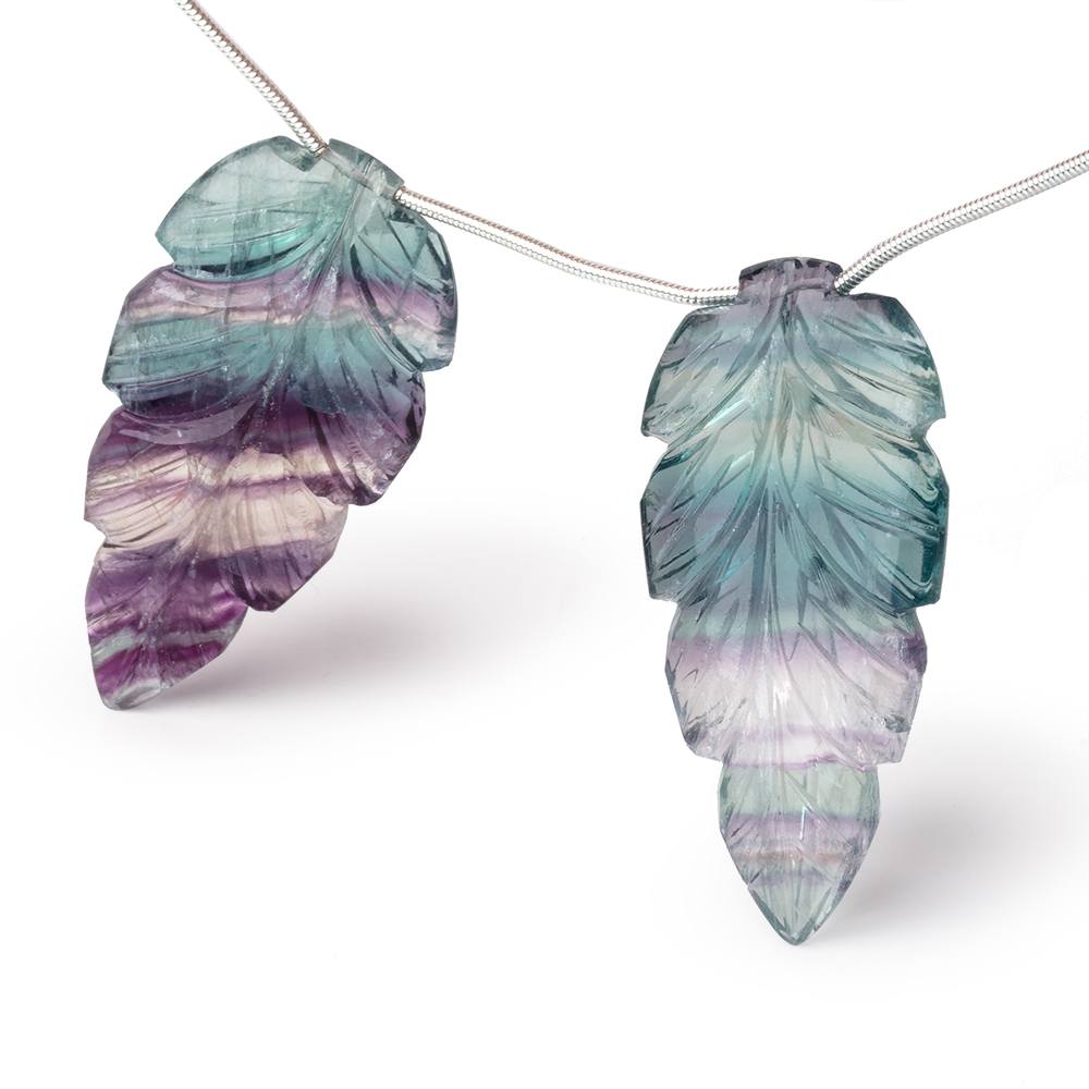 43x21-44.5x22mm Fluorite Hand Carved Leaf Focal Set of 2 Beads (ONLINE ORDER ONLY)