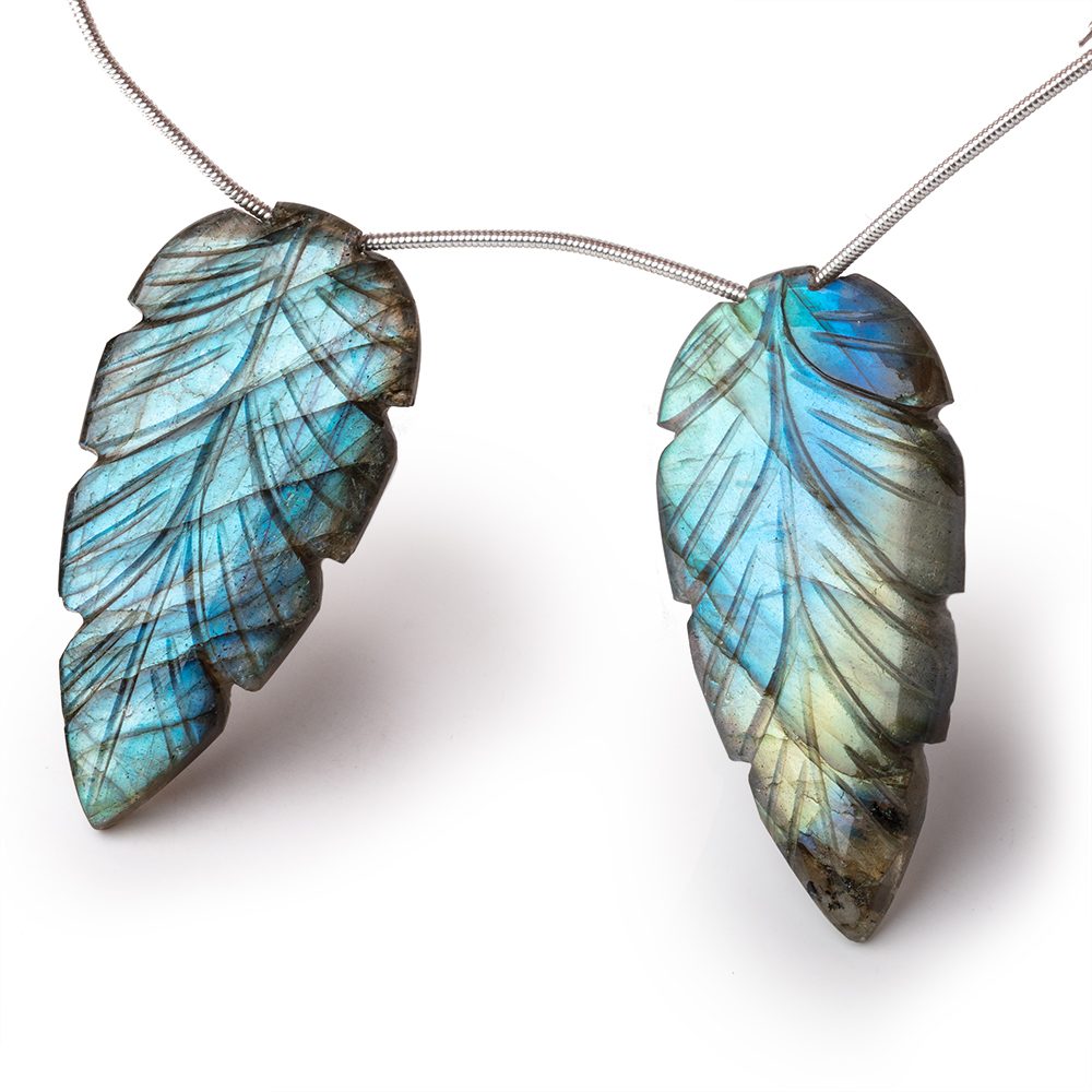 44.5x22mm Multi Color Labradorite Carved Leaf Focal Bead Set of 2 pieces (ONLINE ORDER ONLY)
