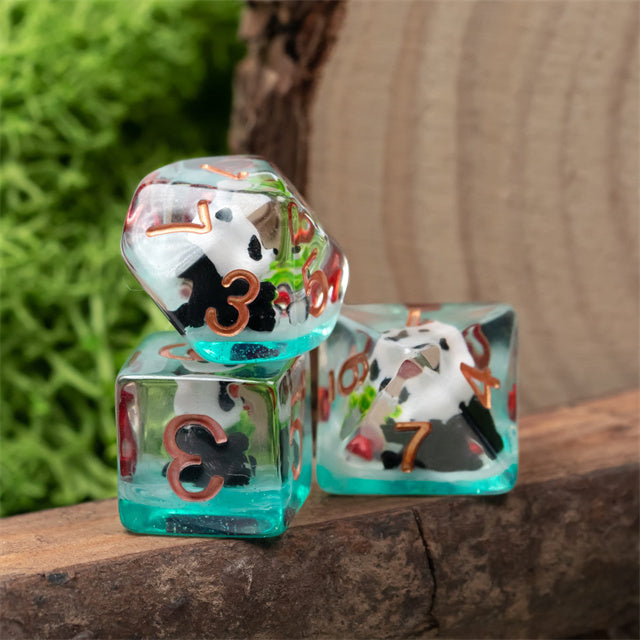 Bamboo Panda on Blue Glitter 7-Dice Set w/Copper Numbers Dnd Dice Set (Online Only)