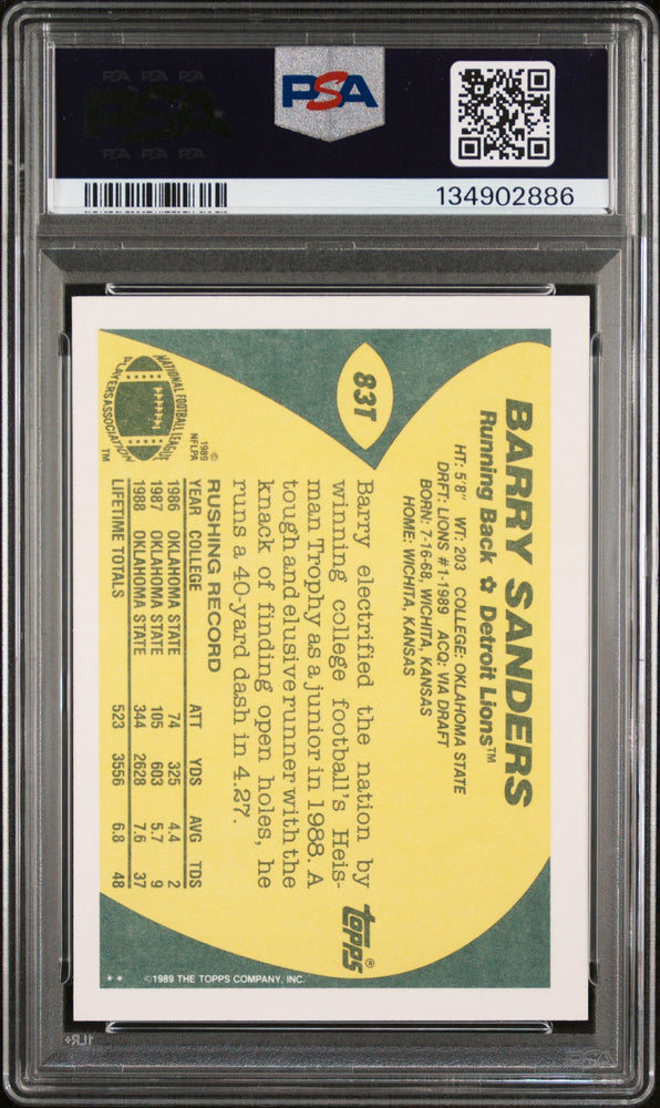Graded 1989 Topps Traded Barry Sanders #83T Rookie RC Football Card PSA 8 Near Mint (ONLINE ORDER ONLY)