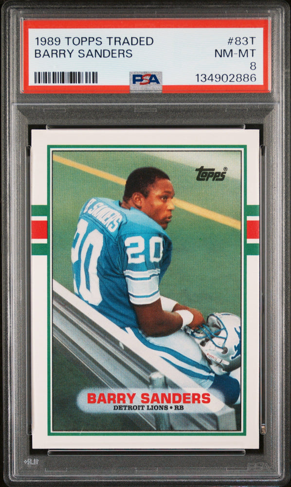 Graded 1989 Topps Traded Barry Sanders #83T Rookie RC Football Card PSA 8 Near Mint (ONLINE ORDER ONLY)