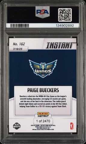 Graded 2025 Panini Instant Paige Bueckers #162 Rookie RC Basketball Card PSA 10 Gem Mint (ONLINE ORDER ONLY)